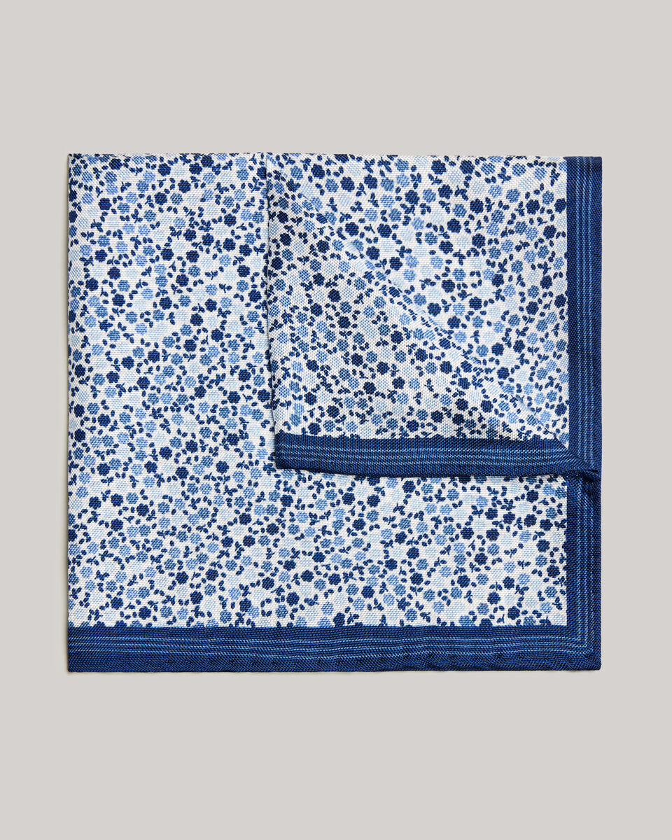 Floral Printed Silk Pocket Square, Navy, hi-res